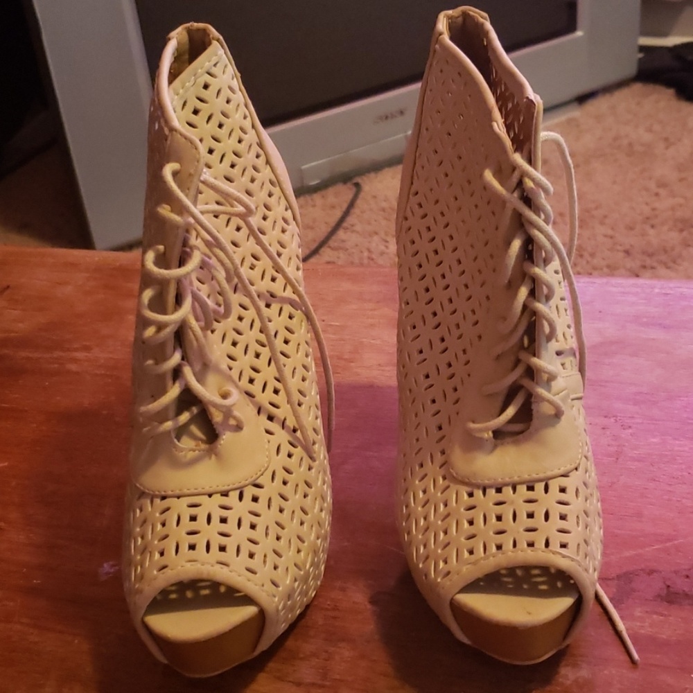 Tan high heel booties